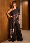 BLACK FLORAL EMBROIDERED ONE SHOULDER CAPE TOP WITH PALAZZO PANTS