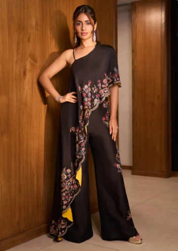 BLACK FLORAL EMBROIDERED ONE SHOULDER CAPE TOP WITH PALAZZO PANTS
