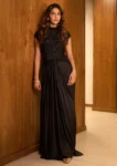 BLACK SEQUIN EMBELLISHED HIGH NECK TOP WITH DRAPE SKIRT AND ATTACHED DUPATTA