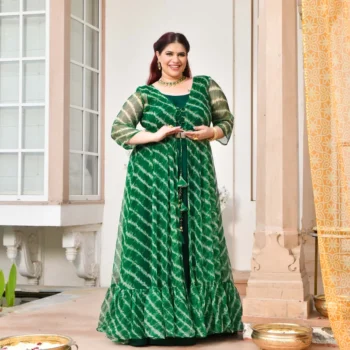 Morni- Dark Green Leheriya Chiffon Cape Set