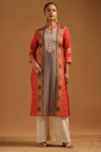 Rust Pure Cotton Floral Kurta