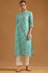 Turquoise Blue Cotton Blend Leheriya Kurta With Zari Embroidery & Faux Mirror