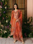 Akshi Cupro Satin Printed Orange Kurta Set