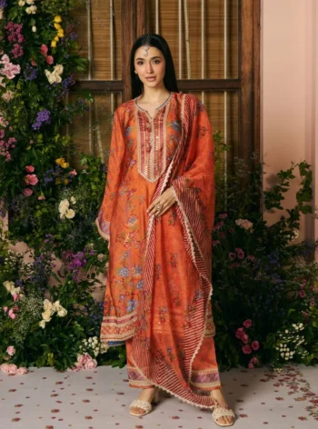 Akshi Cupro Satin Printed Orange Kurta Set
