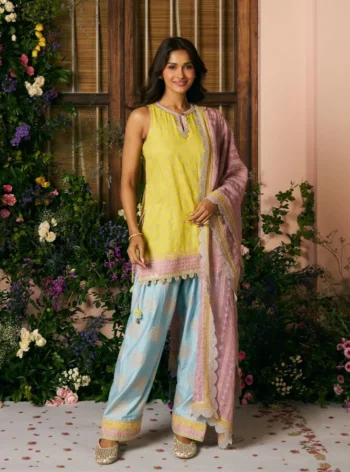 Sugandh Pima Satin Lime Kurta With Farshi Salwar