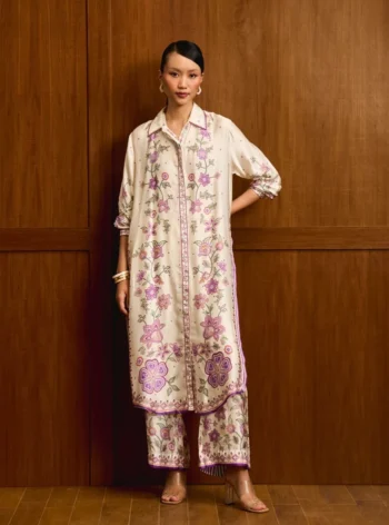 Mrina Cupro Satin Off White Long Shirt Co-ord Set