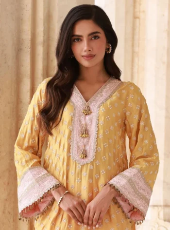 Survani Bemberg Satin Mustard Kurta With Pink Salwar