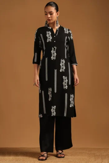Black Rayon Botanical Kurta