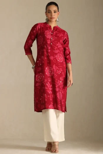 Wine Muslin Floral Print Kurta