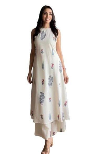 Women Pure Cotton Kurta Palazzo Set | Sleeveless Printed Kurta with Palazzo Pants