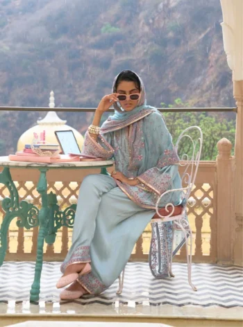 Pralika Bemberg Satin Blue Kurta With Farshi Salwar