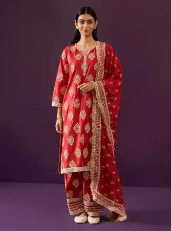 Calita Pima Satin Red Kurta Set