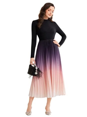 Dress for Women || Women??s Ombre Pleated Maxi Dress || Elegant Long Sleeve Gradient A?Line Gown for Parties & Casual Outings