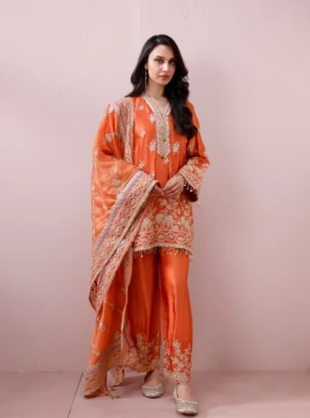 Saaj Cupro Satin Orange Kurta Set