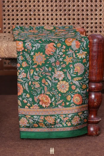 Printed Silk Saree In Forest Green With Floral Design
