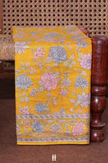 Printed Silk Saree In Honey Yellow With Floral Design