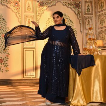 Toronto- Navy Blue Sequin Embellished Stretchable Cape Set