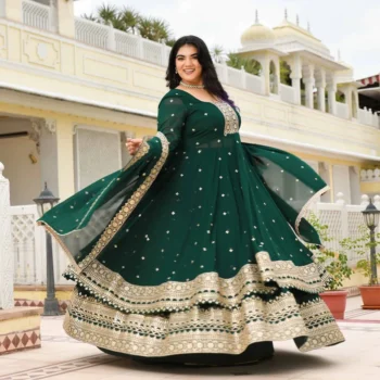 Ghevar- Peacock Green Georgette Embroidered Anarkali Lehenga Set