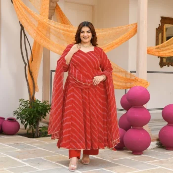 Lal Mirchi- Red Embroidered Leheriya chiffon Anarkali Set