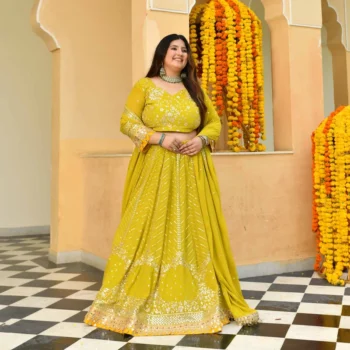 Shrikhand- Lime & Yellow Embroidered Georgette Lehenga Set