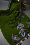 Mehendi Green Floral Handpainting on Shimmer Georgette Saree, No Blouse Piece