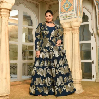Tiramisu- Prussian Blue Paisley Georgette Blazer Lehenga Set