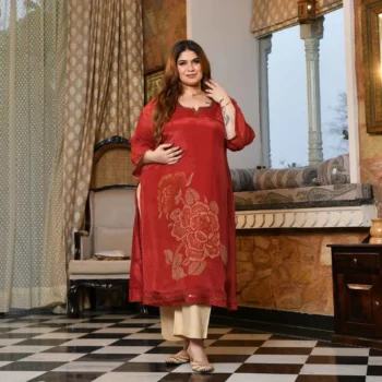 Sandalwood- Rust Floral Pure Organza Satin Kurta