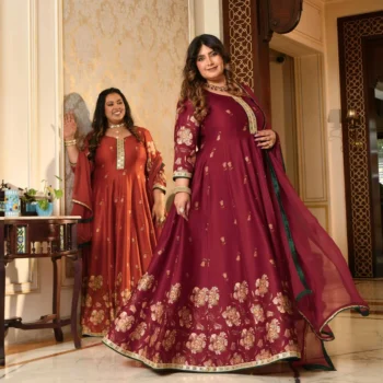 Lal Darwaza- Maroon Pure Gaji Silk Floral Anarkali Set
