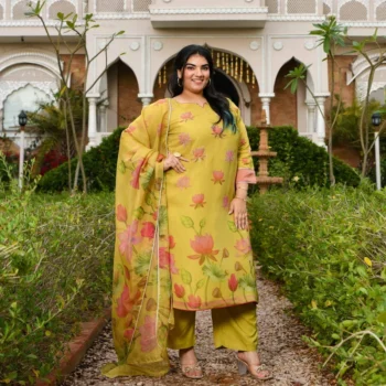 Morning Date- Dusky Yellow Lotus Printed Pure Tissue Organza Suit Set