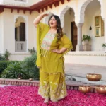 Main Character- Lime Yellow Thread & Gota Embroidered Georgette Cape Kaftan Set