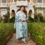 Pearl Dream- Light Steel Blue Floral Pure Muslin Suit Set