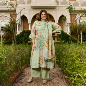 Vanilla Love- Mint Green Floral Printed Pure Tissue Organza Suit Set
