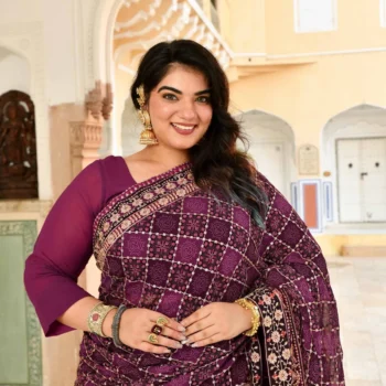 Katha- Shades of Wine Fusion Print Zari Embroidered Pre-Drape Saree